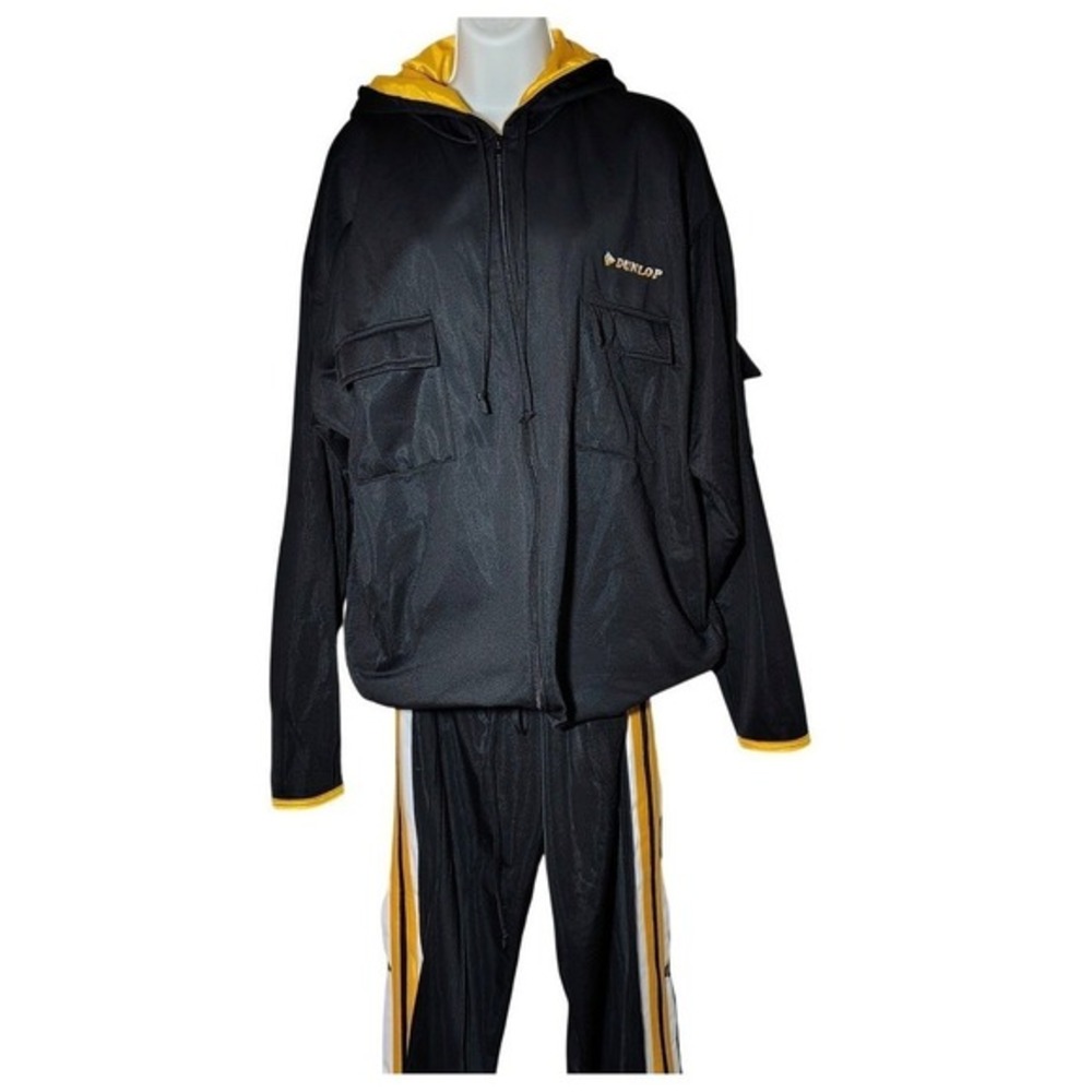 Dunlop Sport Tracksuit Jacket Pants Black  Full Zip Hooded Set XL‎ 90's Y2K